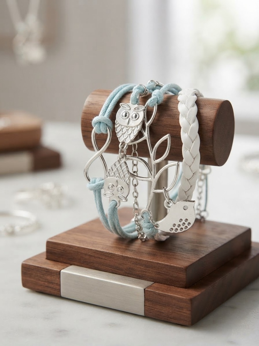 Silver Owl & Bird Multi-Strand Bracelet Set in Light Blue and White